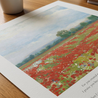 Printed artwork of a field with red flowers on a wooden surface