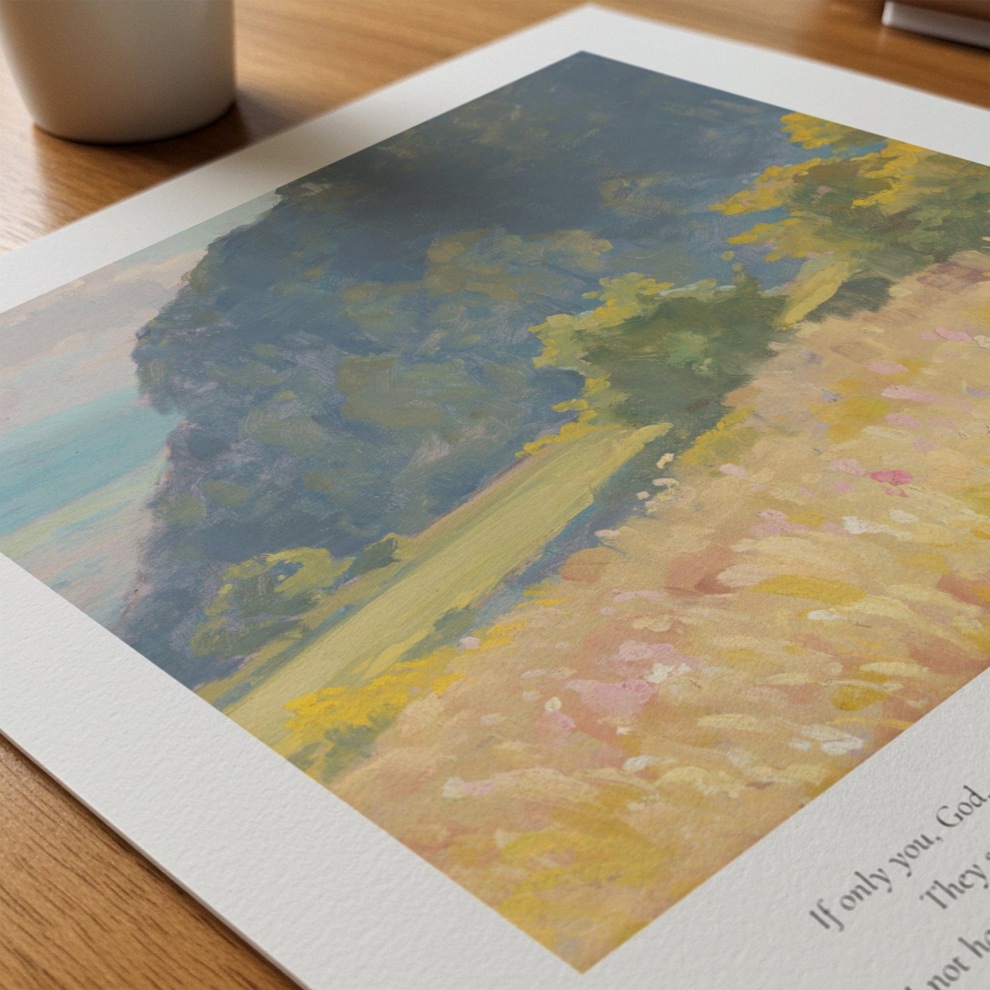 Artistic depiction of a landscape with trees and fields on a wooden surface