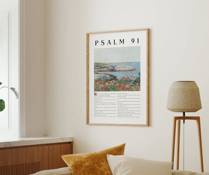 Living room with a framed poster of Psalm 91, a plant on a windowsill, and a lamp.