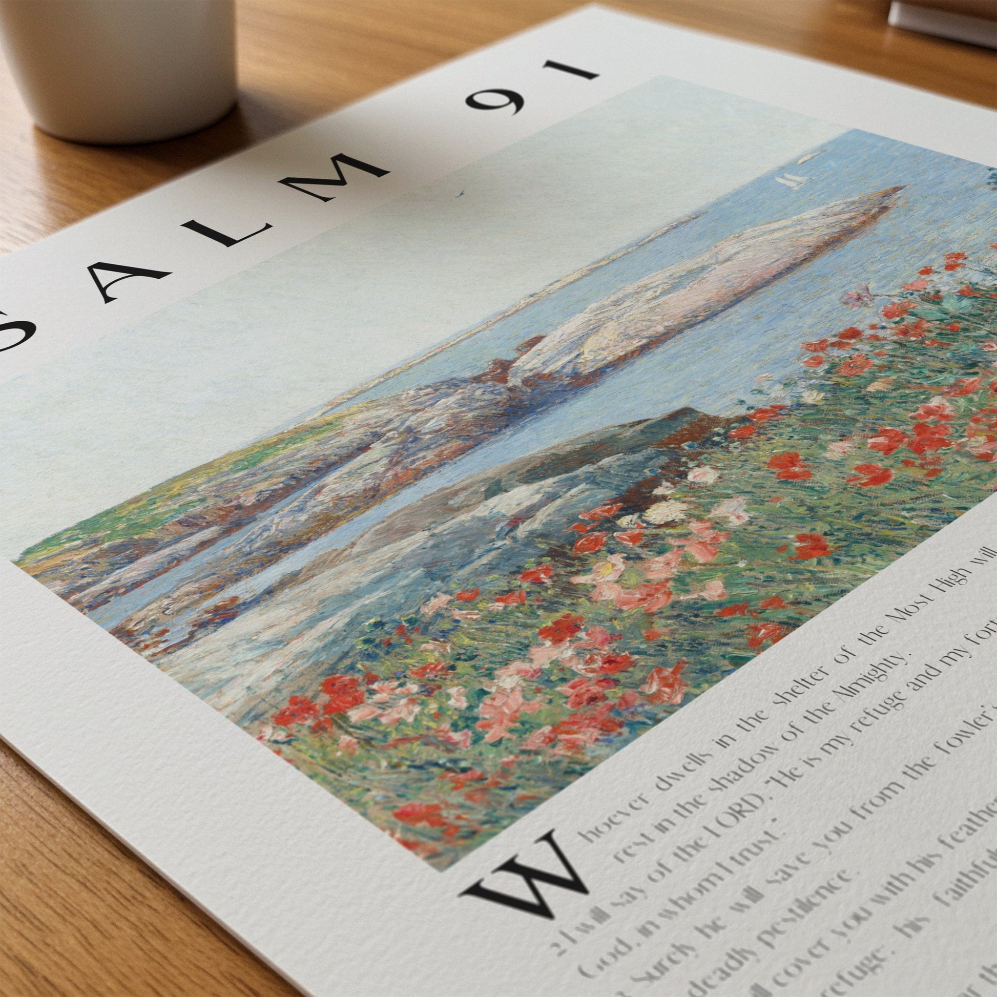 A painting of a landscape featuring flowers and water.