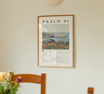 Framed poster titled 'Psalm 91' on a wall above a wooden chair with flowers.