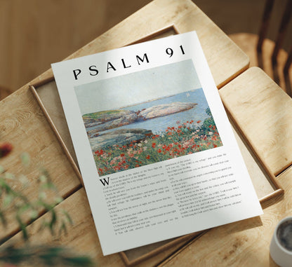 Art Print  'Psalm 91' on a wooden table with a cup of coffee and plant.