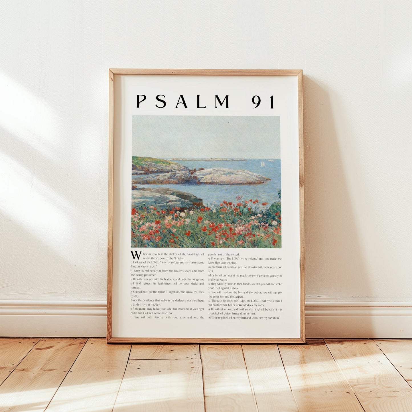 Framed artwork with 'Psalm 91' text and a scenic illustration on a white wall.