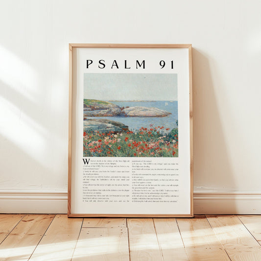 Framed artwork with 'Psalm 91' text and a scenic illustration on a white wall.
