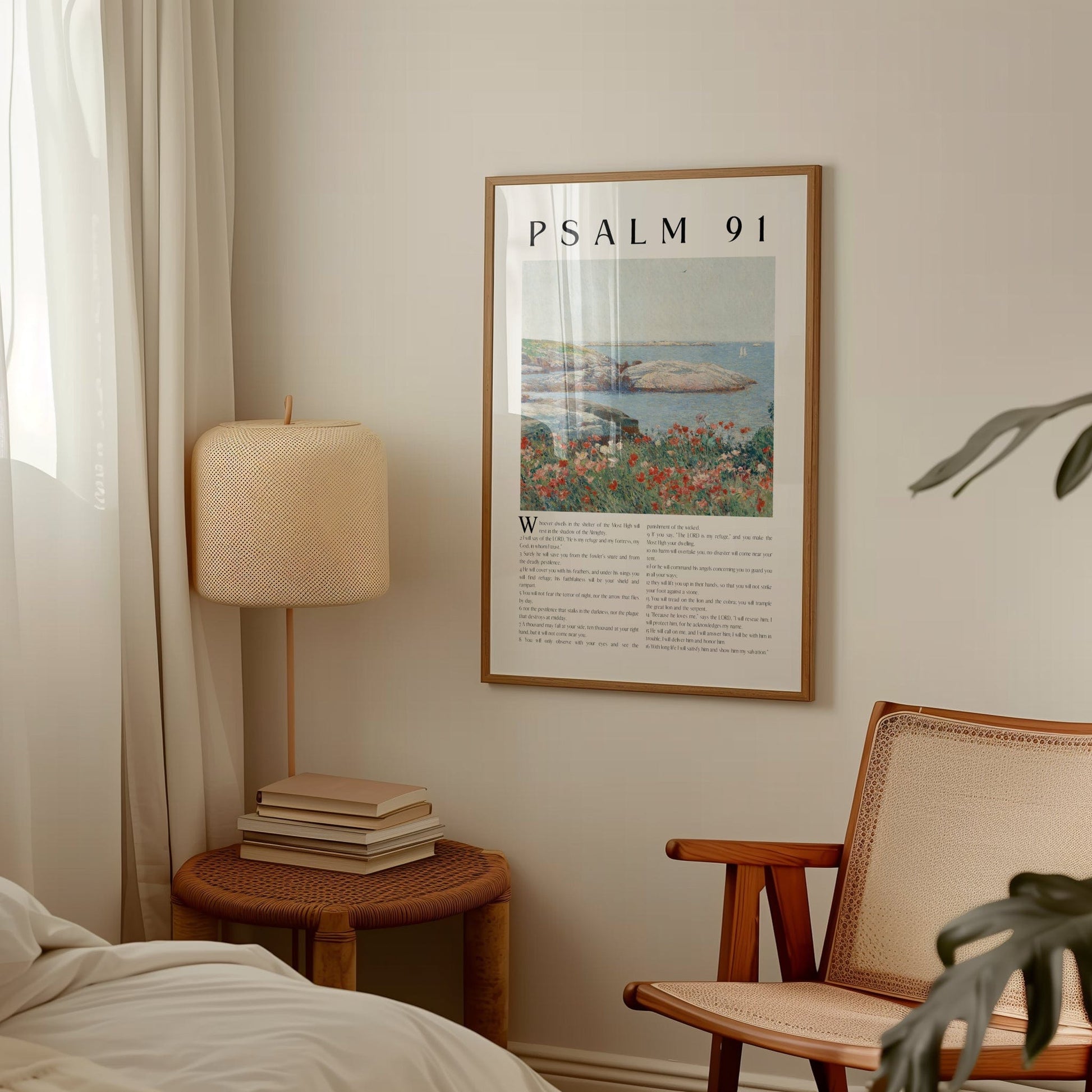 Framed poster titled 'Psalm 91' on a wall with a lamp and chair in a room.