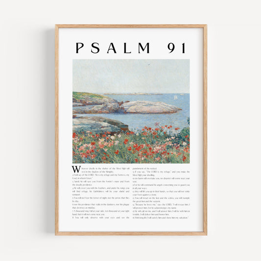 Framed artwork with 'Psalm 91' text and a scenic illustration of a landscape with flowers.