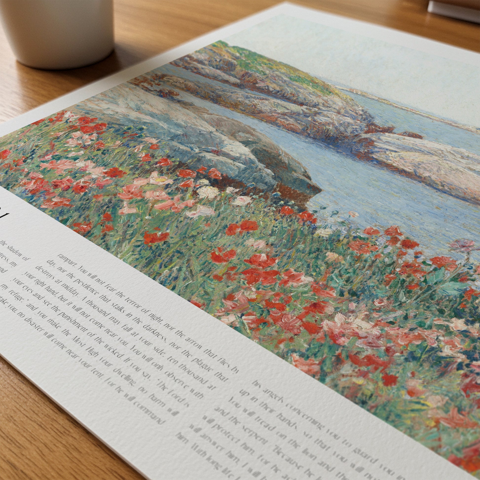 Psalm 91 Art Print with a colorful landscape illustration on a wooden surface