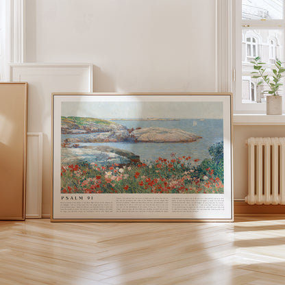 Framed artwork with a scenic landscape and text on a wall in a room with a radiator and window.