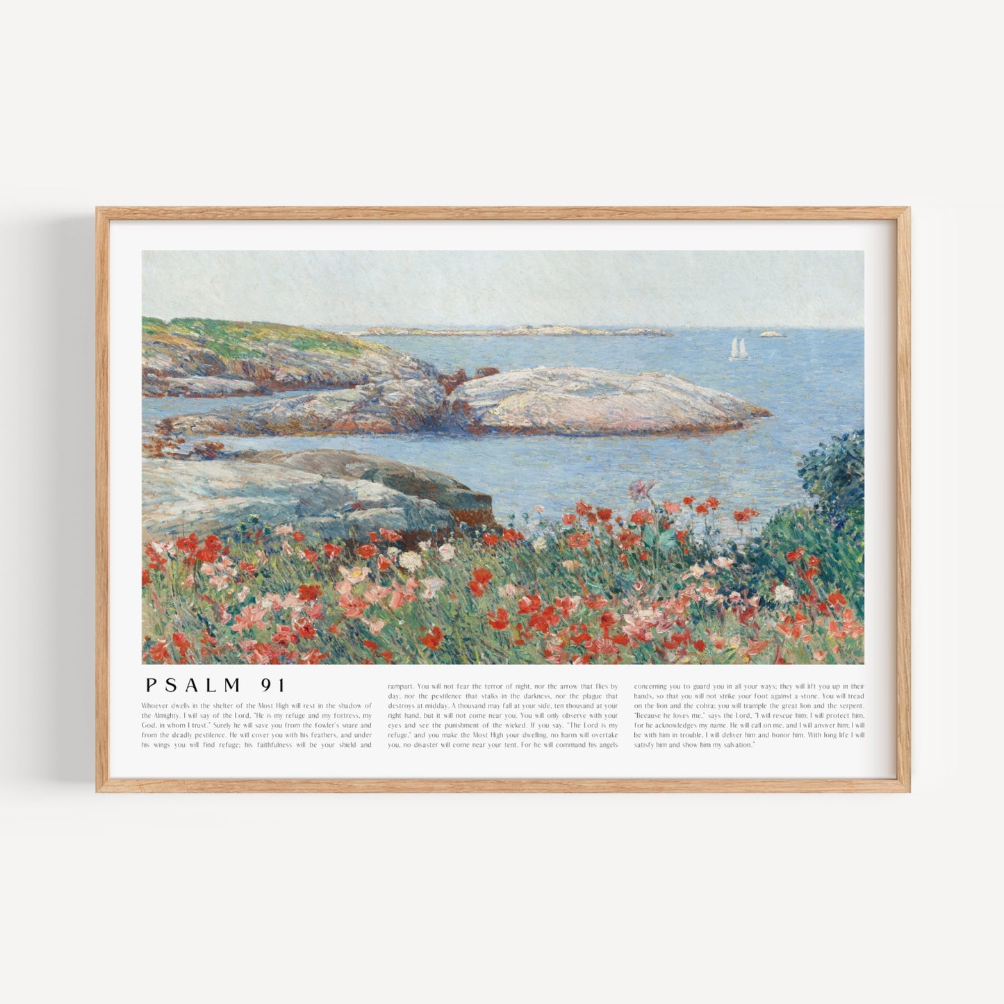 Framed artwork of a coastal scene with flowers and text on a white background