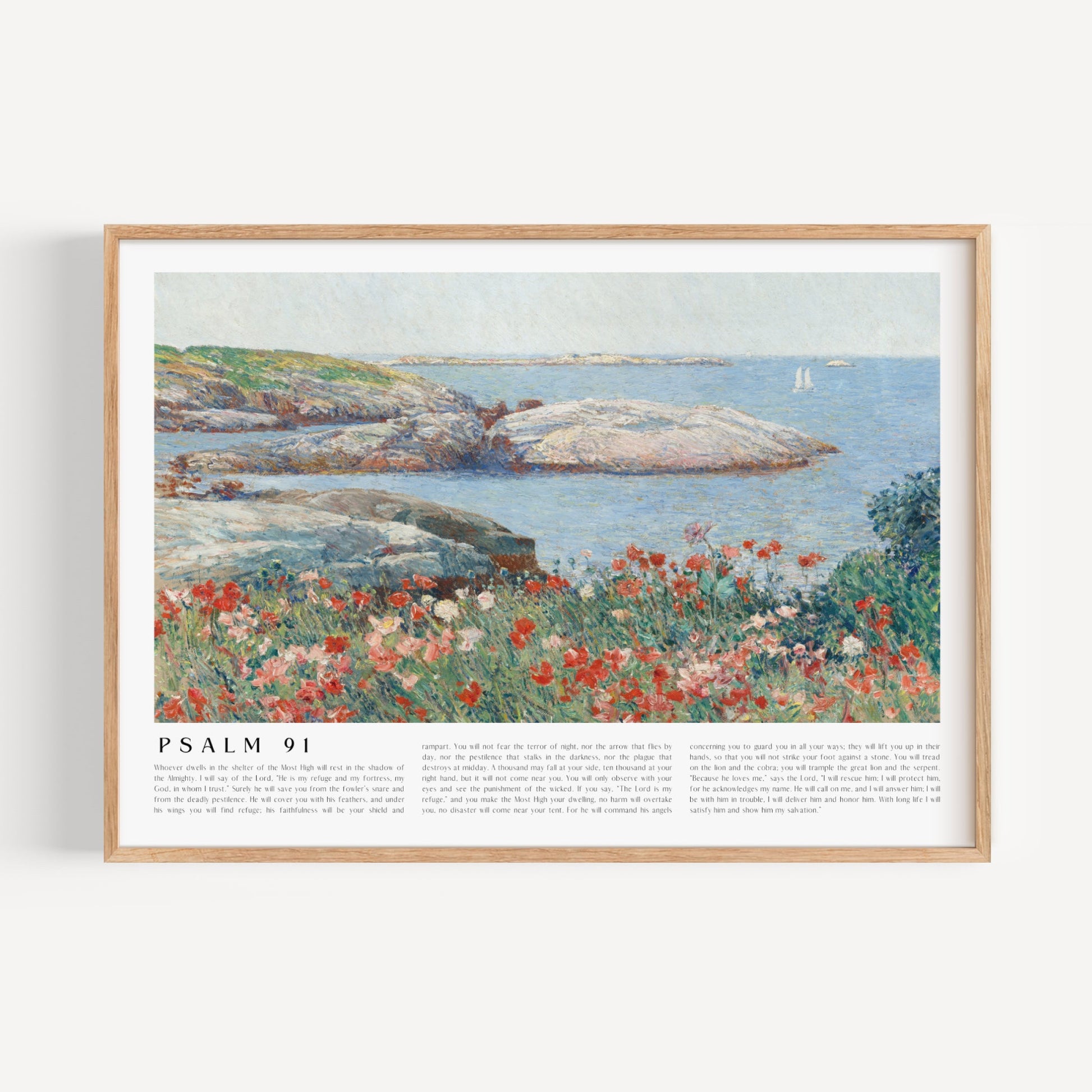 Framed artwork of a coastal scene with flowers and text on a white background