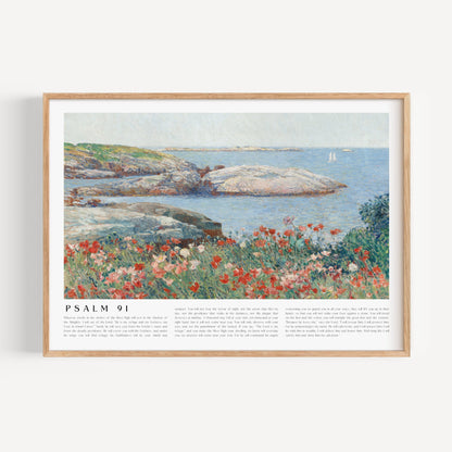 Framed artwork of a coastal scene with flowers and text on a white background