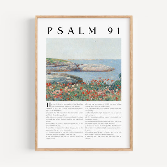Framed artwork with Psalm 91 text and a scenic illustration of a lake and flowers.