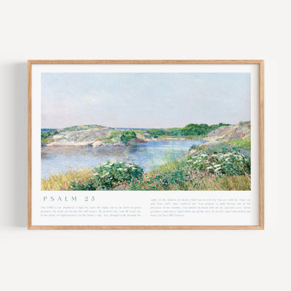 Framed artwork of a landscape with a river and greenery, featuring Psalm 23 text at the bottom.