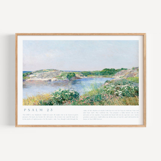 Framed artwork of a landscape with a river and greenery, featuring Psalm 23 text at the bottom.