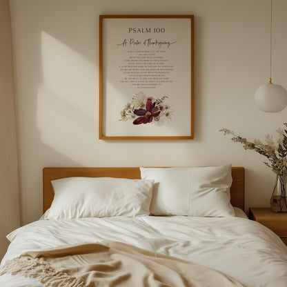 Bedroom with wooden headboard, white bedding, and framed artwork on wall.