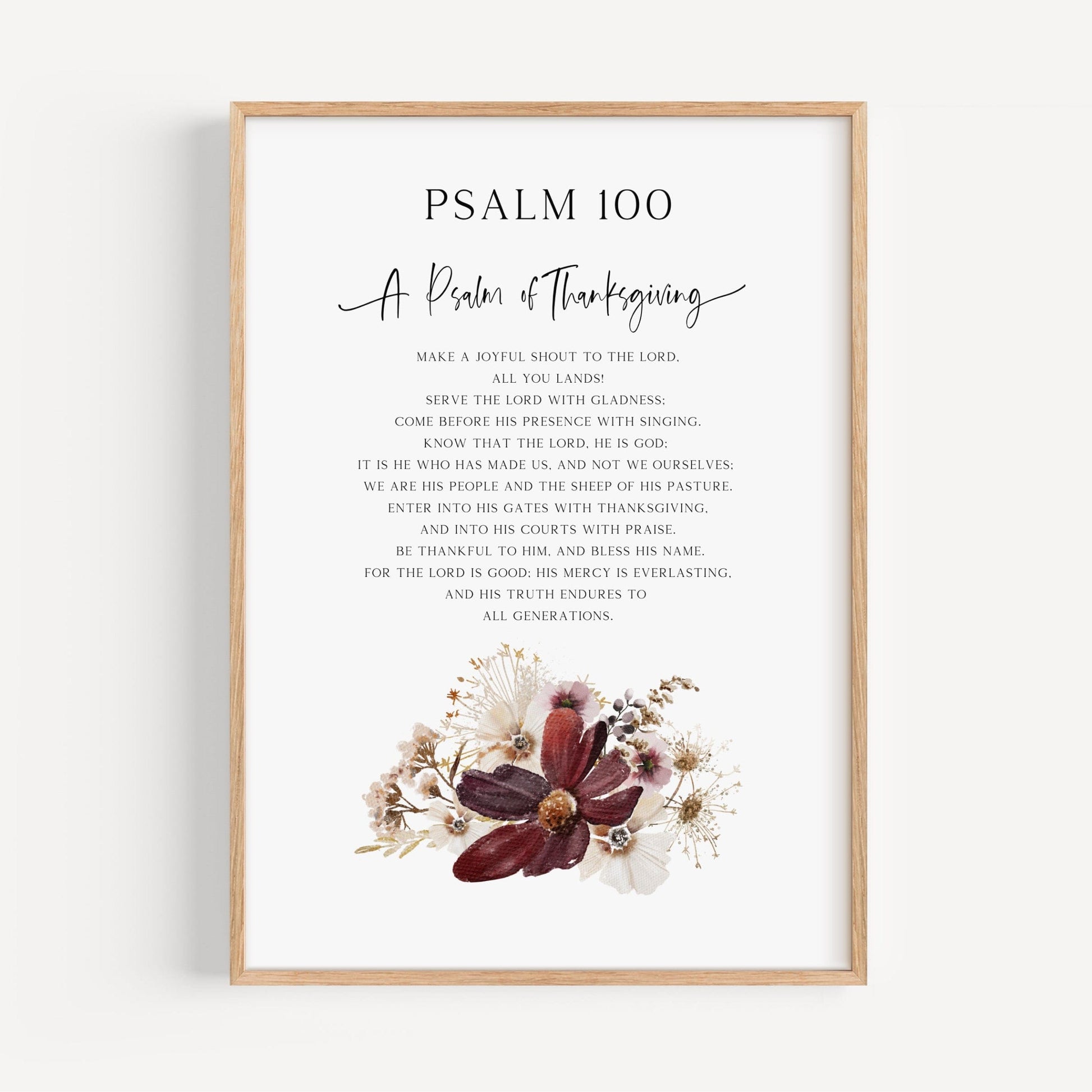 Framed print of Psalm 100 with floral design on a white background
