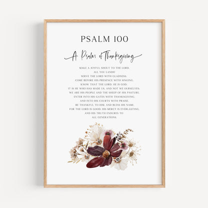 Framed print of Psalm 100 with floral design on a white background