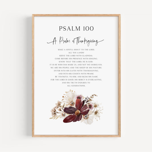 Framed print of Psalm 100 with floral design on a white background