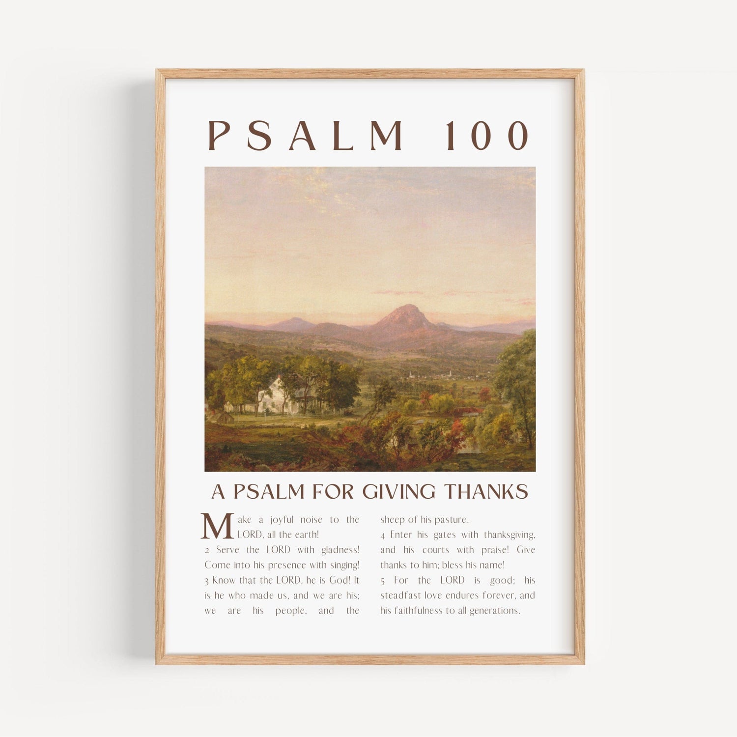 Framed artwork with Psalm 100 text and a landscape illustration on a white background