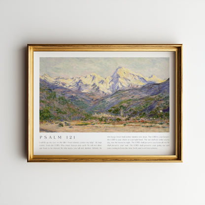 Framed artwork of a mountain landscape with 'Psalm 121' text on a plain wall.