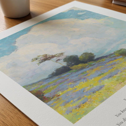 Artistic depiction of a landscape with trees and fields on a wooden surface