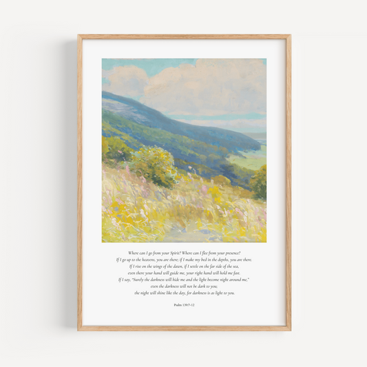 Framed artwork of a landscape with text on a white background