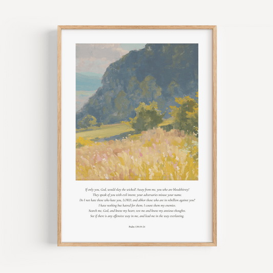Framed artwork of a landscape with text on a white background