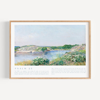 Framed artwork of a landscape with Psalm 23 text on a white background
