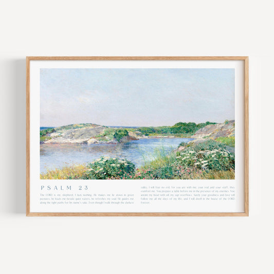 Framed artwork of a landscape with Psalm 23 text on a white background