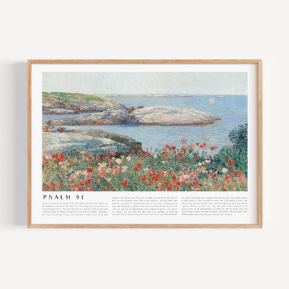 Framed artwork of a coastal scene with flowers and text on a white background