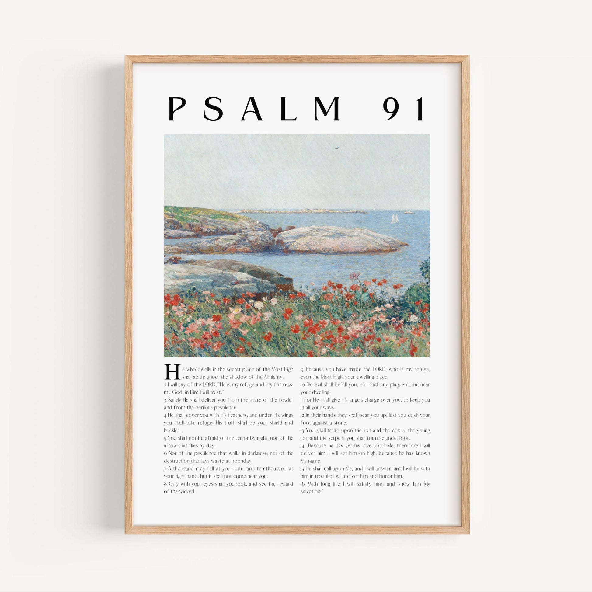 Framed artwork with Psalm 91 text and a scenic illustration of a lake and flowers.