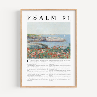 Framed artwork with Psalm 91 text and a scenic illustration of a lake and flowers.