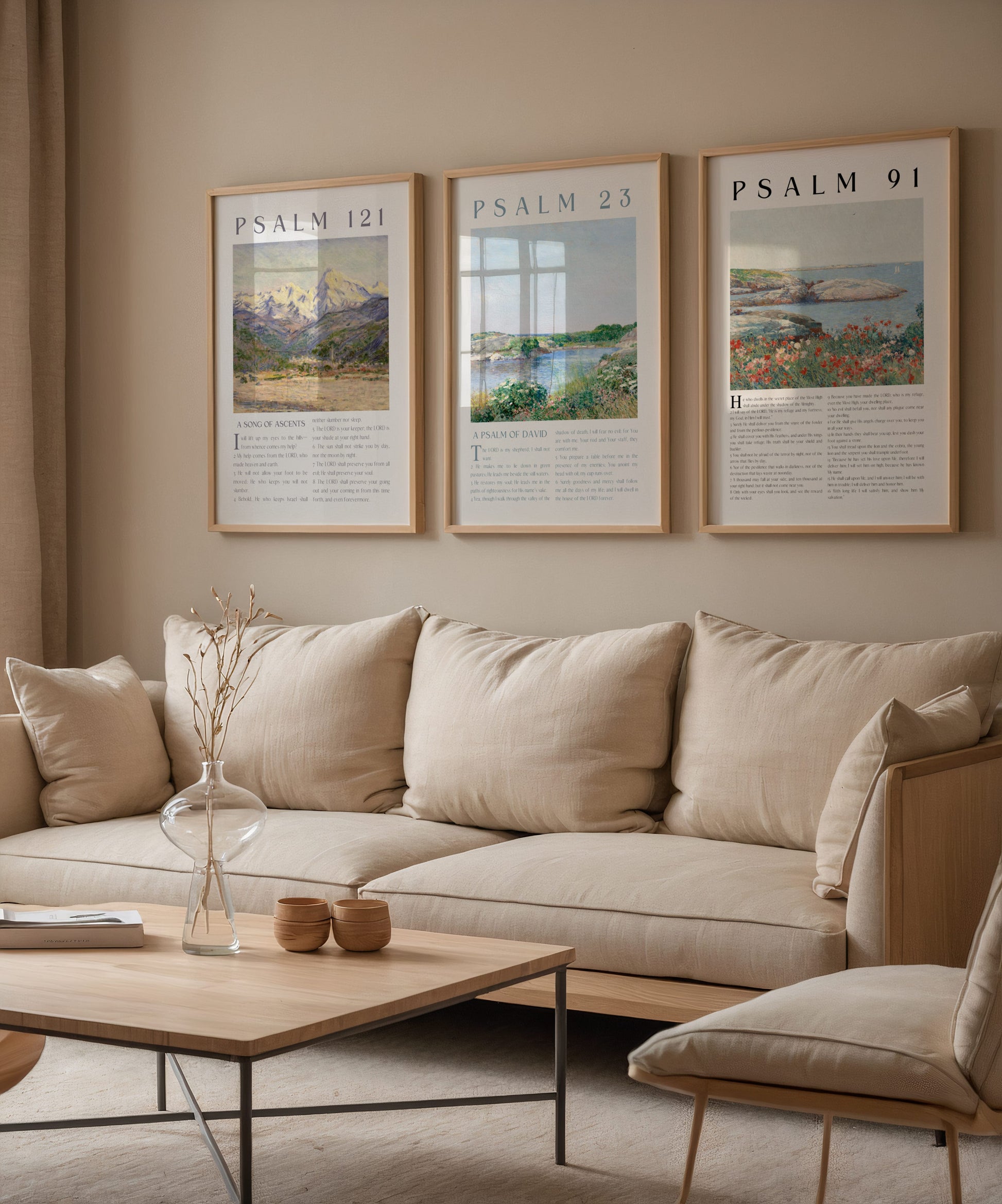 3 Frame Religious Art on top of sofa in a living room setting