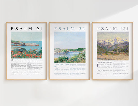 Three framed prints titled 'Psalm 91', 'Psalm 23', and 'Psalm 121' on a white wall.