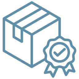 Icon of a box with a check mark inside a blue ribbon on a white background