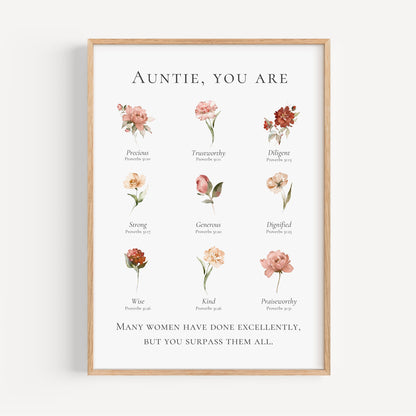Framed print with floral illustrations and text for Auntie on a white background