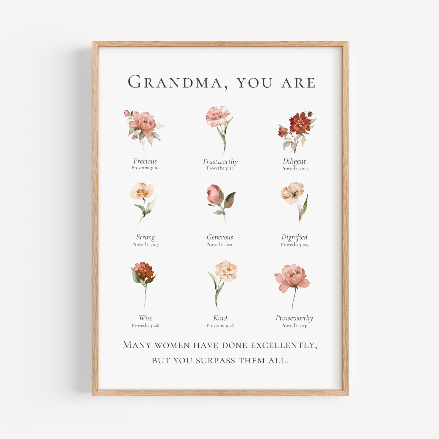Framed artwork with floral illustrations and text for Grandma on a white background