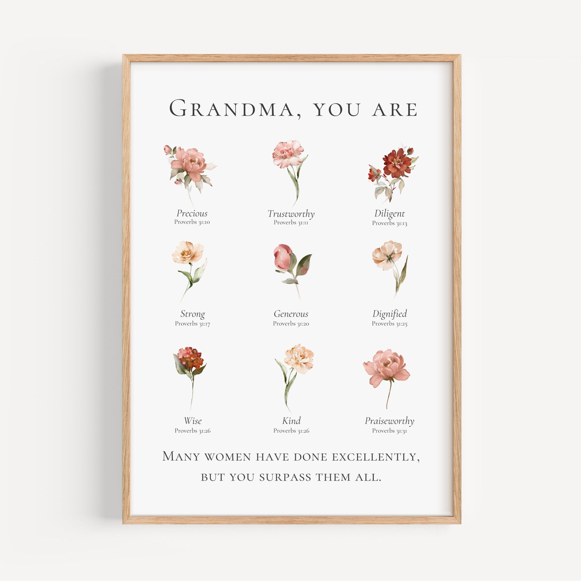 Framed artwork with floral illustrations and text for Grandma on a white background