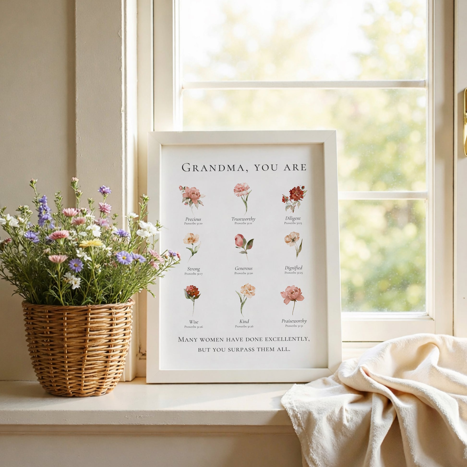 Framed print with floral illustrations and text on a windowsill with flowers and fabric.