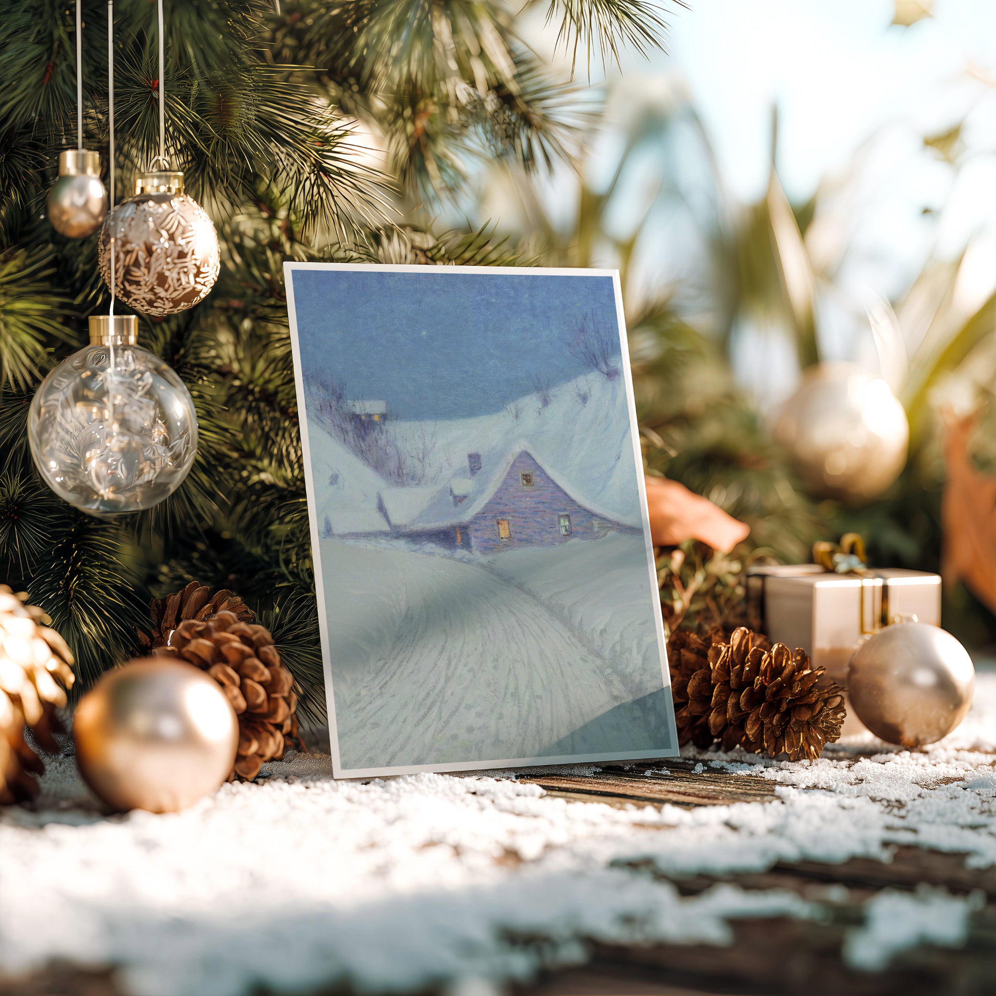 Christmas card with snowy landscape and house surrounded by festive decorations.