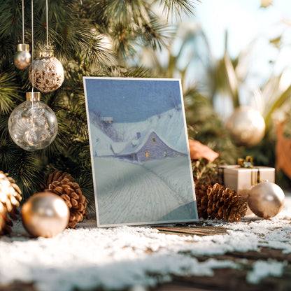 Christmas card with snowy landscape and house surrounded by festive decorations.