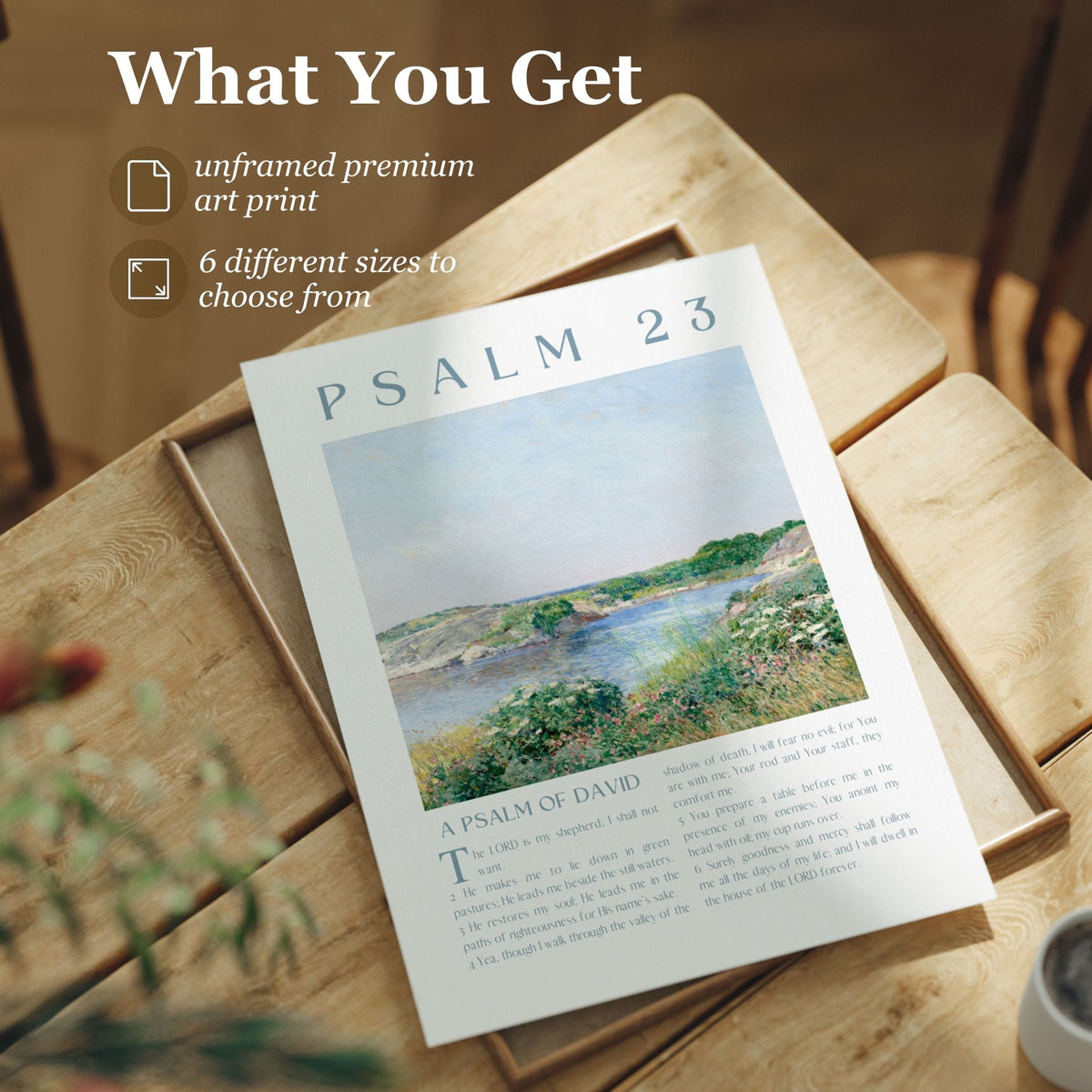 psalm 23 art print with text overlay "what you get" details