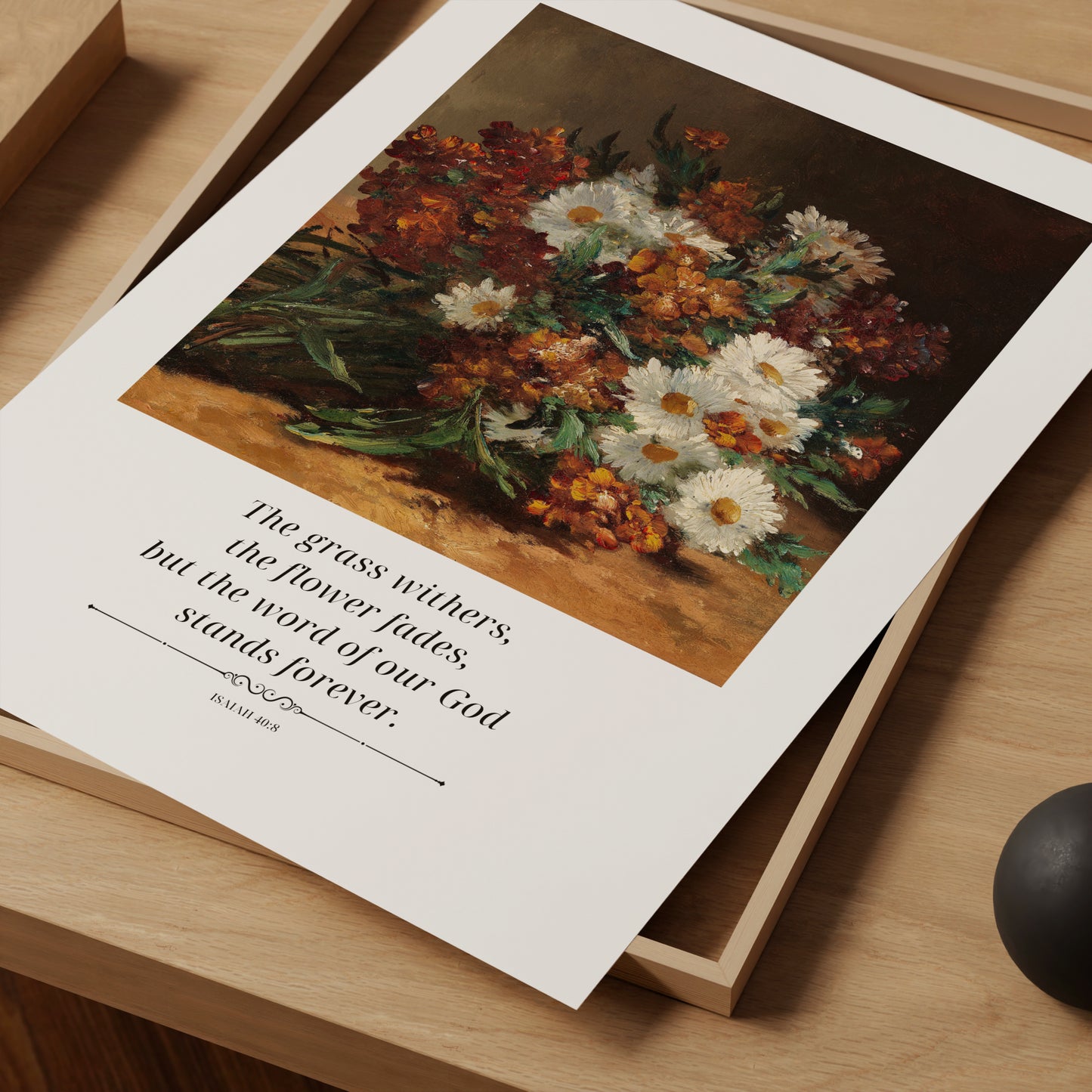 Floral painting with a quote on a wooden surface